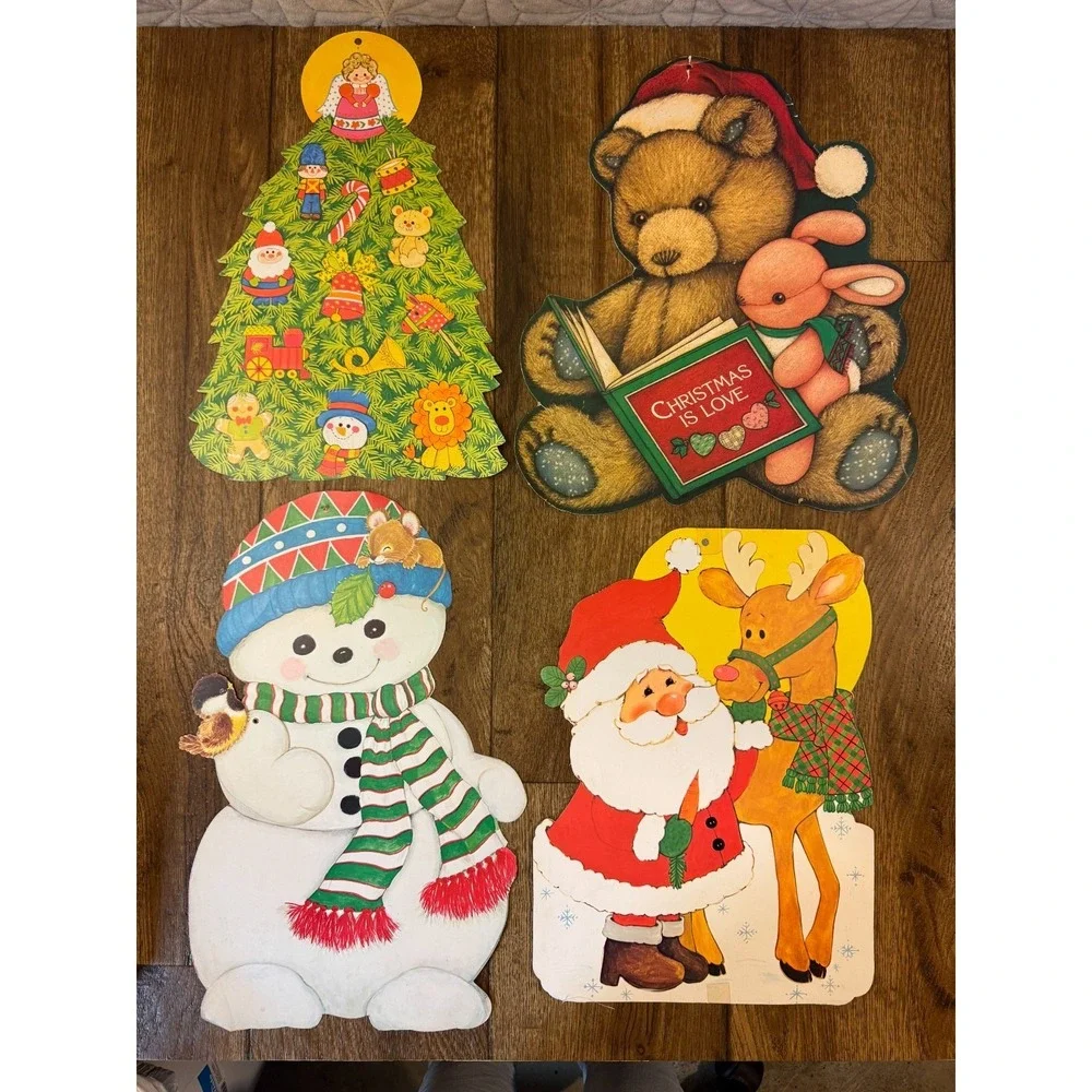 VTG Christmas Paper Cardboard Wall‎ Decorations Die Cut Lot Santa Snowman Teddy